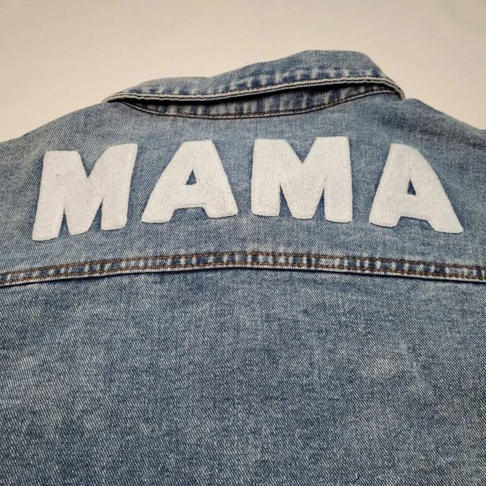 Patpat Mama Distressed Denim Jean Jacket Medium Light Wash Streetwear - Picture 13 of 14